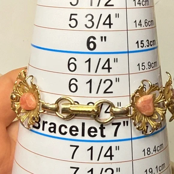 Vintage Gold Floral Link Bracelet with Pink Coral Stone Accents 6.5” - Picture 5 of 5